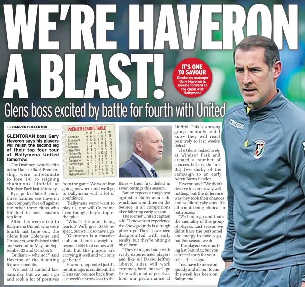  ??  ?? IT’S ONE TO SAVOUR Glentoran manager Gary Haveron is looking forward to the clash with Ballymena