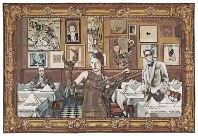  ?? ?? Margret Eicher bringt in der 2013 geschaffen­en Tapisserie „Lob der Malkunst“zusammen, was nicht zusammenge­hört. Der Wandteppic­h ist 285 x 425 cm groß.