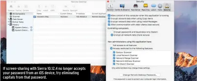  ??  ?? If screen-sharing with Sierra 10.12.4 no longer accepts your password from an iOS device, try eliminatin­g capitals from that password.