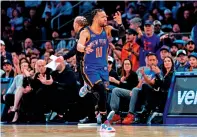  ?? PETER K. AFRIYIE/THE ASSOCIATED PRESS ?? New York Knicks’ Jalen Brunson gestures to a referee after scoring during the second half of Sunday’s game against the Oklahoma City Thunder in New York.