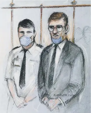  ?? ?? Court artist sketch by Elizabeth Cook of James Watson (right), appearing in the dock at the Old Bailey in London. Image via Press Associatio­n