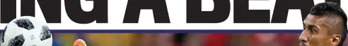  ?? EPA REUTERS ?? Forward thinking: Willian, Neymar and provider Coutinho mob Paulinho after his tidy finish took the pressure off Brazil One touch: Paulinho stretches to flick in the opener
