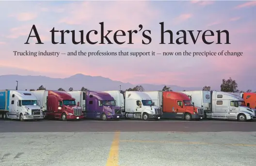  ?? JAMIE LEE TAETE/THE NEW YORK TIMES PHOTOS ?? Trucks lined up at the Petro Travel Center truck stop March 30 in Ontario, California.