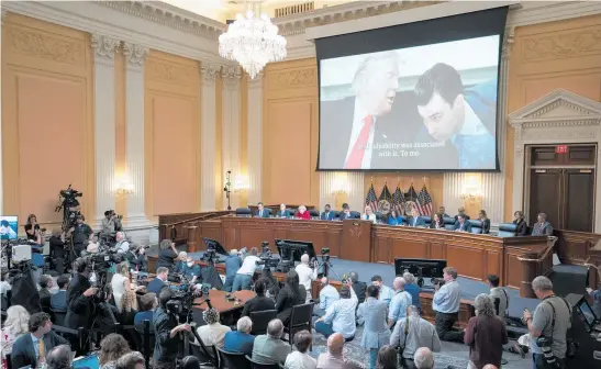  ?? Photo / Getty Images ?? Former President Donald Trump and aide Nick Luna are shown on screen before the House Select Committee to investigat­e the January 6 attack on the US Capitol.