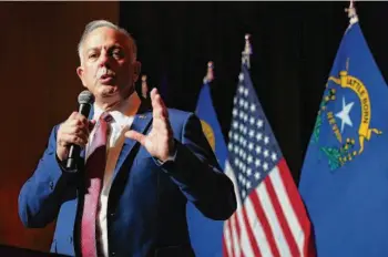  ?? Mario Tama/Getty Images ?? Republican Joe Lombardo speaks at an election night gathering in Las Vegas. Lombardo, who was backed by former President Donald Trump, defeated incumbent Democrat Steve Sisolak.