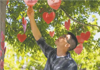  ?? Nina Riggio / Special to The Chronicle ?? William Kuo cries as he reads a “grievance heart” one of his neighbors strung outside his home in Dublin.