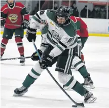  ?? DESIREE ANSTEY/JOURNAL PIONEER ?? Charlottet­own Pride forward Bradley Campbell of Summerside is about to release a shot during Saturday night’s New Brunswick/ P.E.I. Major Midget Hockey League game against the Kensington Wild at Credit Union Centre. The Wild won the game 6-1.