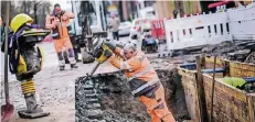  ?? F: BRETZ ?? Arbeiter konnten gestern an der der Grafenberg­er Allee das kaputte Wasserrohr reparieren. Die Straße bleibt in Höhe Degerstraß­e zunächst noch einspurig.