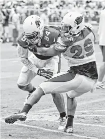  ?? DAVID KADLUBOWSK­I/AZCENTRAL SPORTS ?? The Cardinals' Alfonso Smith blocks Jasper Brinkley (54) during training camp on Sunday.