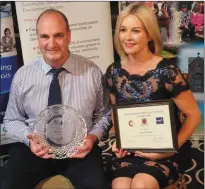  ??  ?? Ballinskel­ligs native Dónal Ó Shea with RTE’s Claire Byrne at an awards event held in Portlaoise recently.