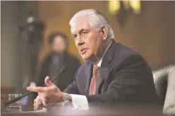  ??  ?? FORMER ExxonMobil CEO Rex Tillerson, US president-elect Donald Trump’s nominee for Secretary of State, testifies during his confirmati­on hearing before the Senate Foreign Relations Committee on Jan. 11 Capitol Hill in Washington, DC.