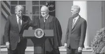  ?? STEPHEN CROWLEY / THE NEW YORK TIMES FILE (2017) ?? President Donald Trump, left, Supreme Court Justice Anthony Kennedy, center, and Judge Neil Gorsuch attend the swearing-in ceremony for Gorsuch to become the 113th justice of the Supreme Court in April 2017 in the Rose Garden of the White House. Justices say they do not act politicall­y when they decide cases. But they freely admit to taking account of politics in deciding when to retire.