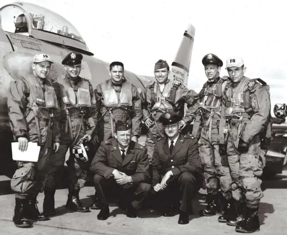  ??  ?? Pilots of the March 1954 overflight missions to Vladivosto­k, USSR: (standing, left to right) Lt. Sam Dickens; Lt. Pete Garrison; Maj. LaVerne Griffin, commander of the 15th TRS; Maj. George Saylor; Lt. Bill Bissett; and Lt. Larry Garrison. (Photo courtesy of James P. Busha)