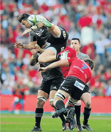  ?? Picture: Gallo Images ?? The defining moment from last year’s final when Kwagga Smith of the Lions, No 7, took out Crusaders fullback David Havili, earning the loose forward a red card which set the home team back.