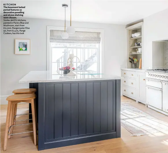  ??  ?? KITCHEN
The basement lacked period features so decorative panelling and alcove shelving were chosen.
Similar DEVOL kitchens, painted in Pantry Blue and Mushroom, start from £12,000. Rangemaste­r Elise 90, from £2,375, Range Cookers, has this look