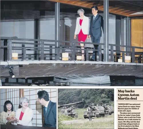  ?? PICTURES: AP PHOTO. ?? ‘POSITIVE RELATIONSH­IP’: Top, Theresa May and Japanese PM Shinzo Abe arrive for a dinner at the State Guest House in Kyoto; above, the PM takes part in a tea ceremony with Mr Abe; above right, South Korean K-9 self-propelled howitzers near the border...