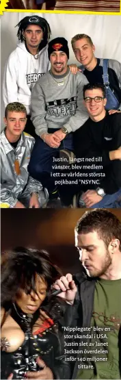  ??  ?? Justin, längst ned till vänster, blev medlem i ett av världens största pojkband * NSYNC. ” Nipplegate” blev en stor skandal i USA. Justin slet av Janet Jackson överdelen inför 140 miljoner tittare.