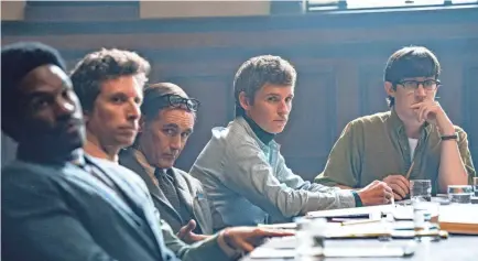  ?? NICO TAVERNISE/NETFLIX ?? From left, Yahya Abdul-Mateen II, Ben Shenkman, Mark Rylance, Eddie Redmayne and Alex Sharp star in Aaron Sorkin’s drama “The Trial of the Chicago 7.”