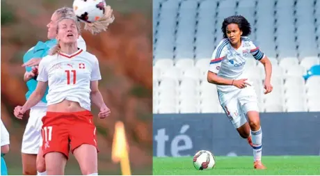  ??  ?? De gauche à droite. A. Hegerberg, C. Abily, E. Le Sommer et C. Petit, de l’OL, en avril, avec le trophée de la Coupe de France de foot féminin. Séance d’étirements pour Laura Georges, défenseure au PSG, quelques jours avant une rencontre amicale contre...