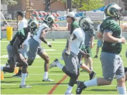  ?? Loveland Reporter-Herald ?? Third-year CSU football coach Mike Bobo barks out commands to his players during their conditioni­ng drills Friday.