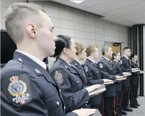  ?? BRYAN SCHLOSSER/FILES ?? Police Chief Evan Bray notes the ratio of officers to population has fallen from 190 per 100,000 residents to 178. Above, a ceremony for new recruits at Regina Police Service headquarte­rs in 2014.