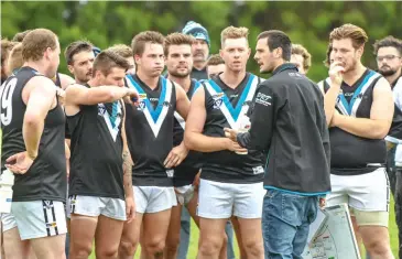  ??  ?? Yarragon coach Simon Noy addresses his players at quarter time.