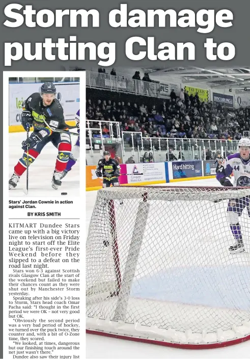  ??  ?? Stars’ Jordan Cownie in action against Clan.
Dundee Stars’ Kevin Dufour finds the back of the net as Glasgow Clan were