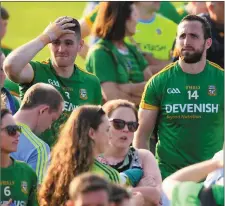  ??  ?? Bryan Menton and Graham Reilly look shell-shocked as they leave the field following Saturday’s one-point defeat to Tyrone.