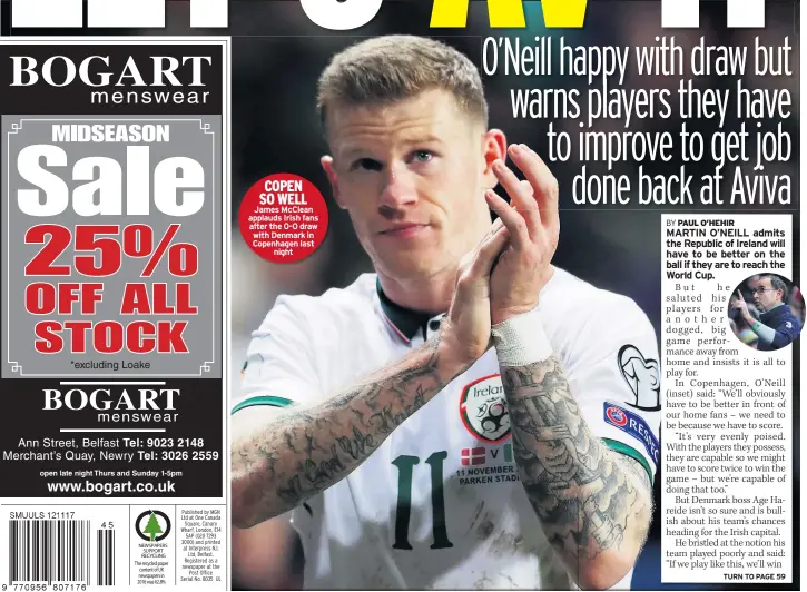  ??  ?? COPEN SO WELL James McClean applauds Irish fans after the 0-0 draw with Denmark in Copenhagen last
night