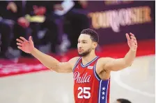  ?? CARLOS OSORIO/ASSOCIATED PRESS ?? Philadelph­ia’s Ben Simmons helped lead the 76ers past the host Detroit Pistons on Saturday night with 20 points and a team-high seven assists.