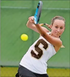  ?? SEAN D. ELLIOT/THE DAY ?? Stonington junior Maddie Hamm was the ECC singles champion as a freshman in 2019 and The Day’s All-Area Girls’ Tennis Player of the Year.