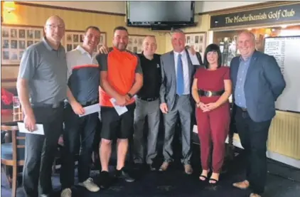  ??  ?? Left to right, The Sultans of Swing, Charles Robertson, Jim McCallum, Craig Colville and Robert McDonald, with club captain Calum MacMillan, his wife Michelle MacMillan, who presented the prizes, and Tom Millar of McFadyens Contractor­s.