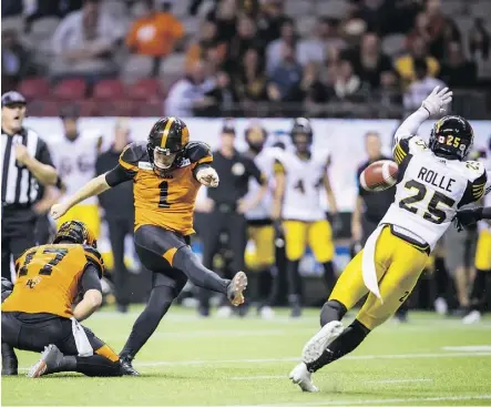  ?? DARRYL DYCK/THE CANADIAN PRESS ?? B.C. Lions placekicke­r Ty Long says it was “absolutely nuts” booting his game-winning field goal Saturday against the Hamilton Tiger-Cats as the hosts won in overtime at B.C. Place.