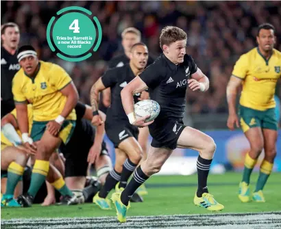  ?? — AFP ?? Tries by Barrett is a new All Blacks record New Zealand’s Beauden Barrett runs away for a try during the second rugby Test against Australia at Eden Park on Saturday.