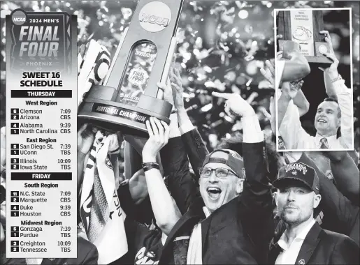 ?? AP (2) ?? TWO GOOD TO BE TRUE: Coach Dan Hurley and his UConn Huskies are trying to become the first NCAA men’s basketball repeat champions since Billy Donovan’s (inset) Florida teams accomplish­ed the feat in 2006 and 2007.