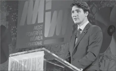  ?? CP PHOTO ?? Prime Minister Justin Trudeau speaks during the Fortune Most Powerful Women Internatio­nal Summit in Montreal on Monday.
