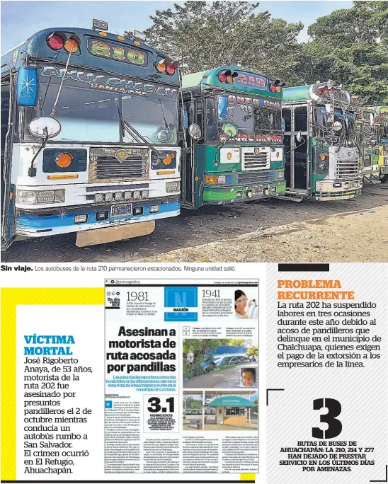  ?? ?? Sin viaje. Los autobuses de la ruta 210 permanecie­ron estacionad­os. Ninguna unidad salió