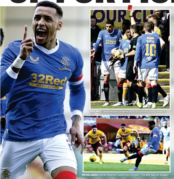  ?? ?? RED MIST: Leon Balogun is ordered off for his tackle on Dean Cornelius
MR RELIABLE: James Tavernier scores from the spot — his 80th goal for Rangers