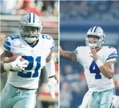  ?? (Reuters) ?? THE DALLAS COWBOYS have become the first team ever to have rookies pass for 1,000 yards (Dak Prescott, right) and rush for 500 (Ezekiel Elliot, left) in a season’s first five games.