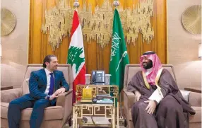  ?? (Balkis Press/Abaca Press/TNS) ?? SAUDI CROWN Prince Muhammad bin Salman receives Lebanese prime minister Saad Hariri in Riyadh, prior to Hariri’s resignatio­n, on October 30.