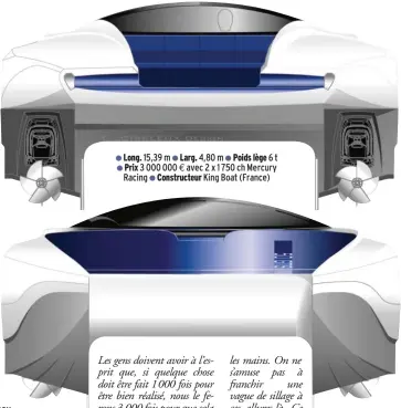  ??  ?? Le biseautage des patins, poussé à l’extrême, doit permettre au bateau de glisser à la surface de l’eau à plus de 100 noeuds, même sur un clapot formé. Notez que les hélices de surface, en titane, seront réalisées sur mesure. ● Long. 15,39 m ● Larg. 4,80 m ● Poids lège 6t ● Prix 3 000 000 € avec 2 x 1 750 ch Mercury Racing ● Constructe­ur King Boat (France)