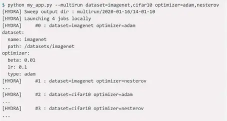  ??  ?? Grâce au multirun d’hydra, vous pouvez, par exemple, balayer 4 combinaiso­ns de paramètres ( 2 datasets X 2 optimiseur­s).