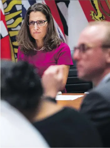  ?? NATHAN DENETTE/THE CANADIAN PRESS ?? Foreign Affairs Minister Chrystia Freeland holds a roundtable consultati­on on NAFTA with labour stakeholde­rs in Toronto on Tuesday. The first round of talks starts Wednesday.