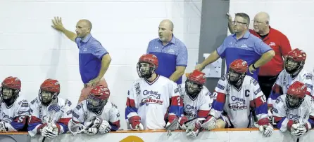  ?? CLIFFORD SKARSTEDT/ EXAMINER ?? The Peterborou­gh Century 21 Lakers bench watched the final seconds against Six Nations Chiefs during Game 4 of the Major Series Lacrosse final series on Tuesday night at the Iroquois Lacrosse Arena in Ohsweken. Game 5 is Thursday at 8 p.m. at the...