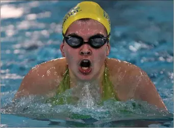  ?? ?? Emma Whiteknact of East Boston High swims the mixed 200 IM during the Boston City League co-ed swimming championsh­ip Thursday.