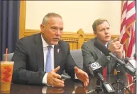  ?? Emilie Munson / Hearst Connecticu­t Media ?? House Speaker Joe Aresimowic­z, D-Berlin, left, and House Majority Leader Matt Ritter, D-Hartford, talk to the media Wednesday at the Capitol in Hartford.