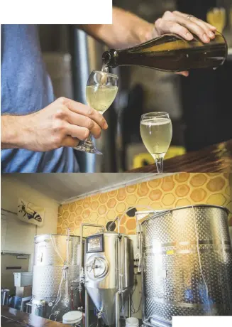  ??  ?? Top: Golbeck pours Golden Coast’s light and sparkling Orange Blossom mead. Above: Stainless wine and beer fermentors sit behind Golden Coast’s rustic wood bar.