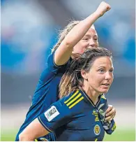  ?? ?? Erin Cuthbert (left) and Rachel Corsie celebrate the win over Ukraine