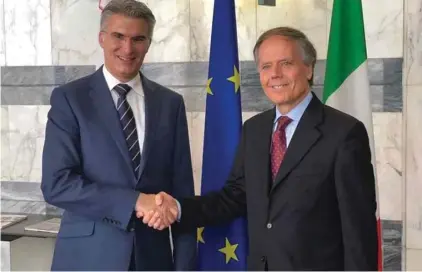  ??  ?? Carmelo Abela and Enzo Moavero Milanesi meeting in Rome yesterday.