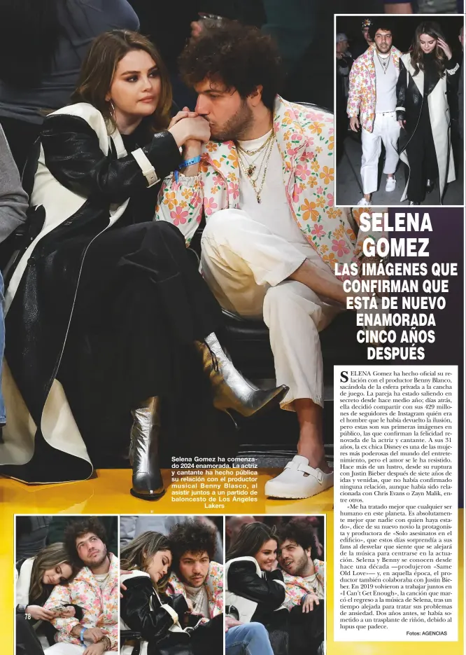  ?? Fotos: AGENCIAS ?? Selena Gomez ha comenzado 2024 enamorada. La actriz y cantante ha hecho pública su relación con el productor musical Benny Blasco, al asistir juntos a un partido de baloncesto de Los Ángeles
Lakers